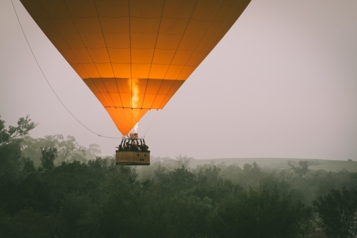 Ballooning over fog and trees in the Avon Valley in Western Australia - Australian Stock Image