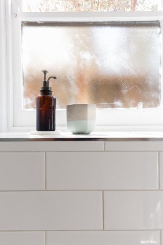 Bathroom soap dispenser and pot on window ledge with background of negative space for text