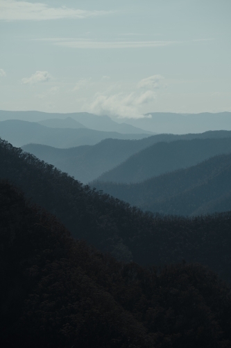 Blue mountain layers through the valley at Kanangra Walls Lookout on a sunny day