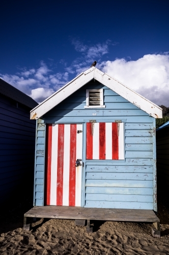 Blue, red and white striped beach box, Melbourne, Victoria - Australian Stock Image