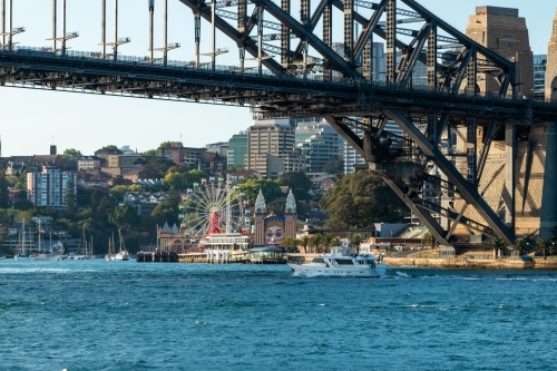 boat cruising under Sydney Harbour Bridge with Lunar Park behind - Australian Stock Image