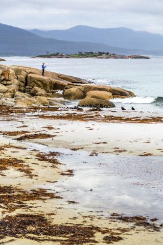 Boy fishing off the rocks - Australian Stock Image