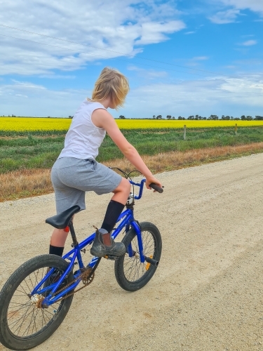 Boy riding bike down country lane beside canola field - Australian Stock Image