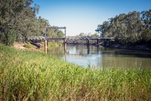 Bridge over the Murray River with green grass in the foreground. - Australian Stock Image