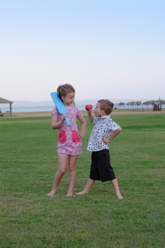 Brother and sister playing cricket in the park - Australian Stock Image