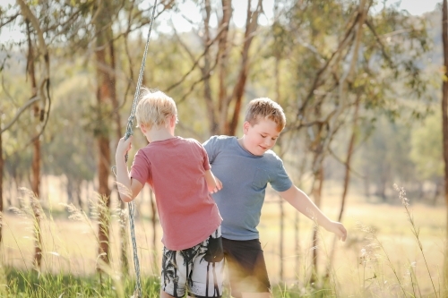 Brothers playing on rope swing in natural bush setting - Australian Stock Image