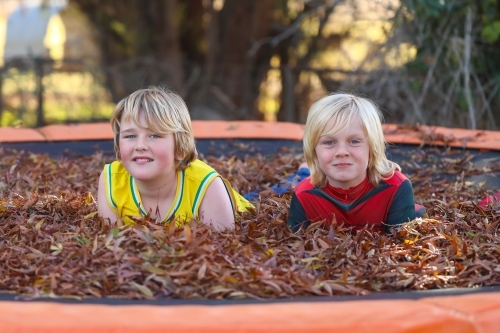 Brothers playing on trampoline covered in fallen leaves in Autumn - Australian Stock Image