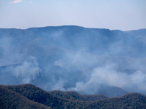 Bushfire smoke in rugged timbered country