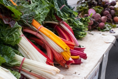 Chards and radishes at a regional farmers market - Australian Stock Image