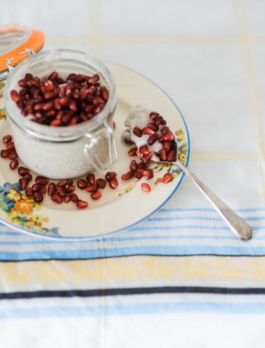 Chia pudding with pomegranate - Australian Stock Image