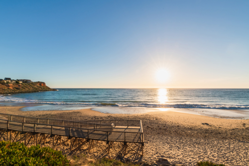 Christies Beach sea shore with boardwalk before the sunset, southern Adelaide metropolitan area - Australian Stock Image