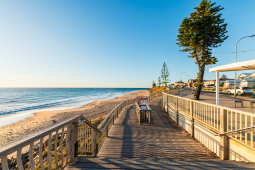 Christies Beach sea shore with boardwalk before the sunset, southern Adelaide metropolitan area - Australian Stock Image