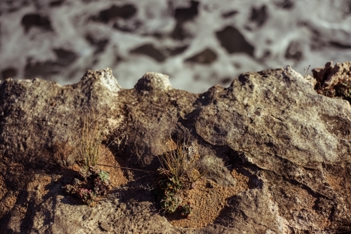 Close up looking down on rocks against water