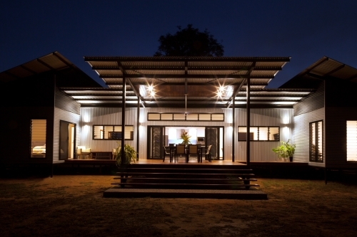 Close up nighttime shot of a modern architecture home. - Australian Stock Image