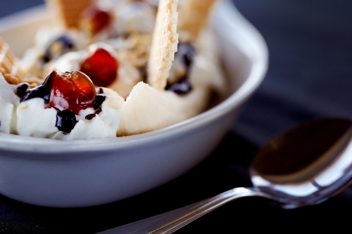 Close-up of banana split dish - Australian Stock Image