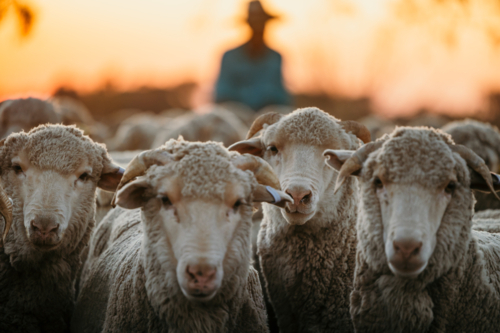 Close-up of flock of sheep on a farm - Australian Stock Image