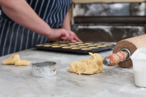 close up of pastry, cutter and rolling pin - Australian Stock Image