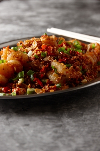 Close up of prawn stir fry dish - Australian Stock Image