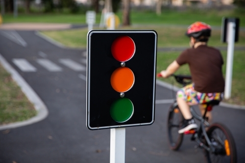 close up of traffic light at a kids bike track - Australian Stock Image