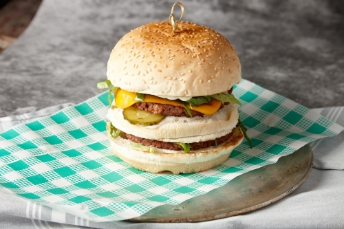 close up shot of a green mac burger - Australian Stock Image