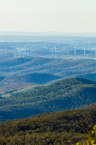 Coopers Gap wind farm in southern Queensland viewed from the distant Bunya Mountains - Australian Stock Image