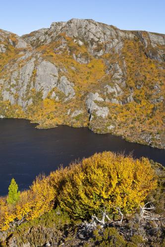 Crater Lake in autumn splendor - Australian Stock Image