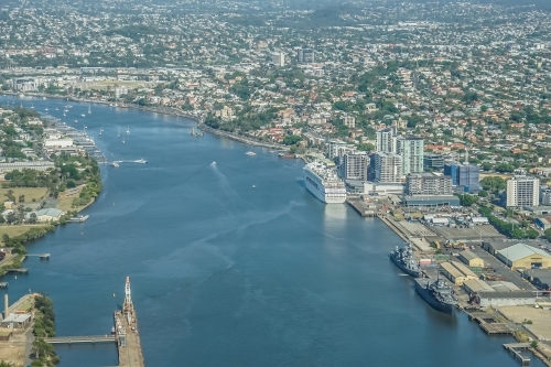 Cruise ship in Brisbane river at Dockside from above - Australian Stock Image