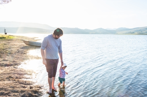 Dad with toddler wading in water by lakeside in afternoon together - Australian Stock Image