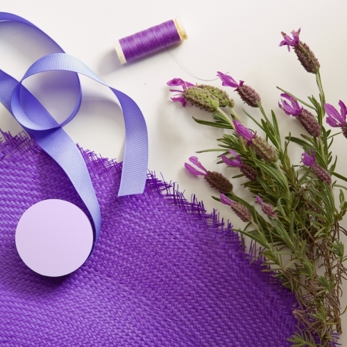 Deconstructed hat making materials purple and lavender - Australian Stock Image