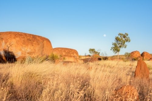 Devil's Marbles with early morning sun on boulders - Australian Stock Image