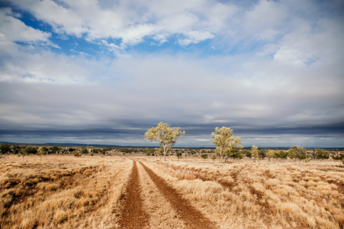 Dirt road in an outback with dry grass and cloudy sky. - Australian Stock Image