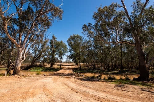 Dirt road leading to a creek crossing with trees and shadows. - Australian Stock Image