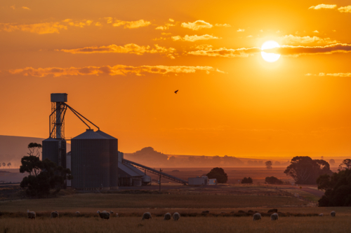 Distant view of a glowing sun in a golden sky over a grain silo - Australian Stock Image