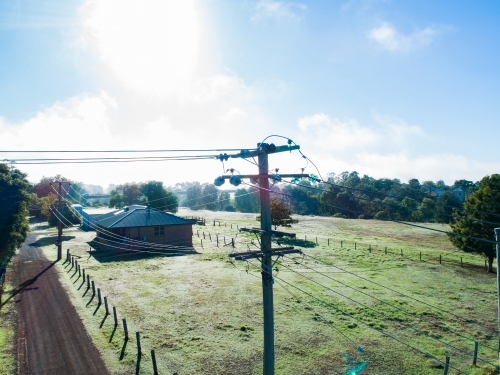 Drone photo of power lines and power poles - Australian Stock Image