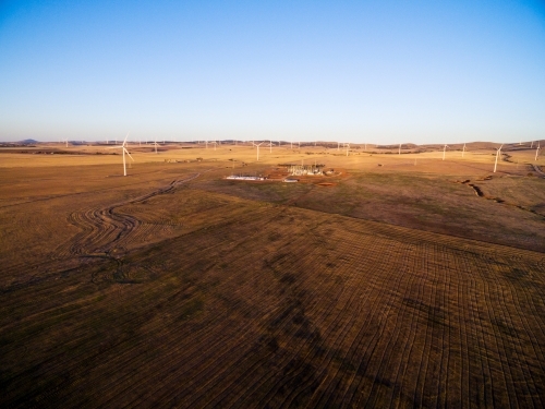 Drone shot of wind turbines and battery - Australian Stock Image