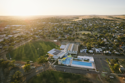 Early morning aerial over Aquatic Centre and town of Northam in Western Australia - Australian Stock Image