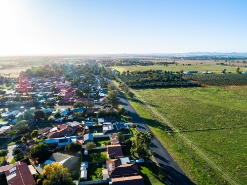 Edge of town with road dividing houses from citrus farm and paddocks - Australian Stock Image