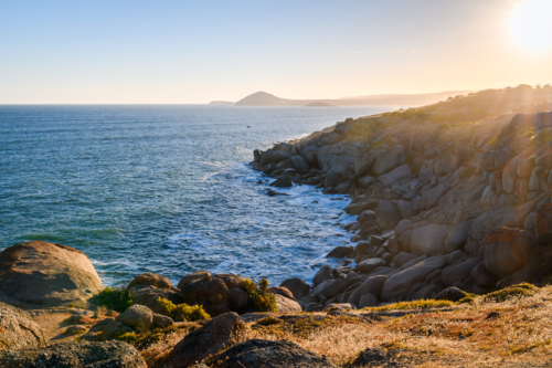 Encounter Bay viewed from Granite Island at sunset, South Australia - Australian Stock Image