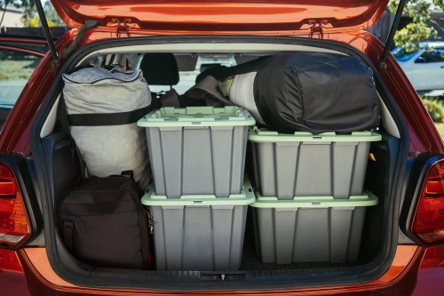 Extremely full hatchback car for a weekend camping trip - Australian Stock Image