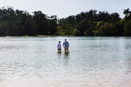 Father and son walking in water in lake reserve - Australian Stock Image