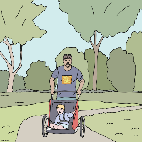 Father pushing happy young son in a buggy in a green park - Australian Stock Image