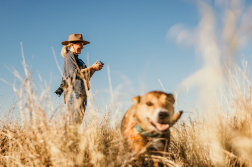 Female looking drone controller with dog - Australian Stock Image