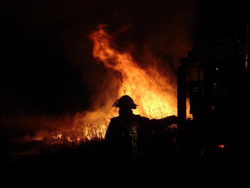 Firefighter fighting a grass fire at night silhouetted against the fire - Australian Stock Image