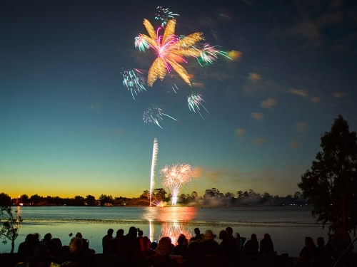 Fireworks by a lake on Australia Day - Australian Stock Image