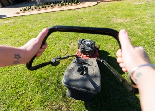 first person view of pushing a lawnmower - Australian Stock Image