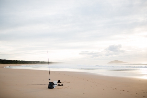 fishing gear on south coast Nsw beach - Australian Stock Image