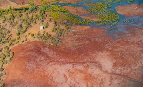 Fishing hut, shelters and illegal causeway neat the Narrows - Australian Stock Image