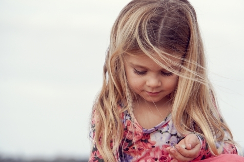 five year old collecting sea shells on beach - Australian Stock Image