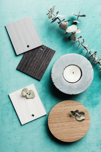 Flat lay interior decor objects for a colour scheme mood board - Australian Stock Image