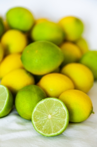 Fresh lime fruit harvest on white background, sliced open - Australian Stock Image